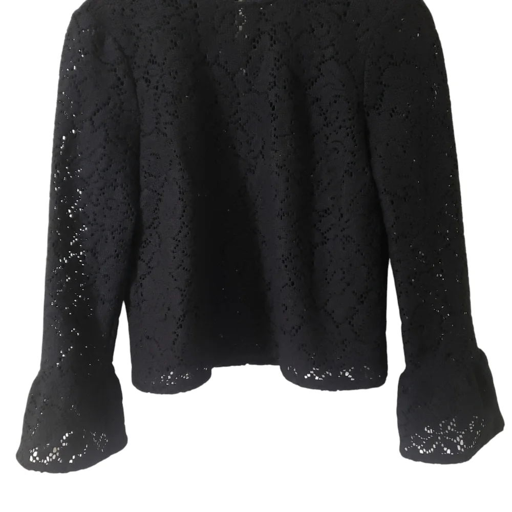 Zara Woman Black Crochet Knit Lace Top  Medium Bell Sleeve Whimsigoth Boho Witch